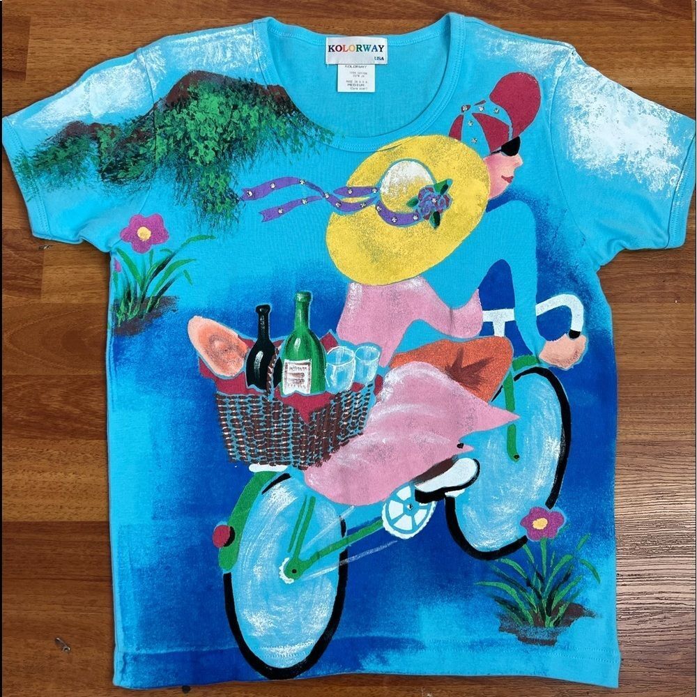 Vintage KOLORWAY NWOT hand painted picnic love stroll wearable art cotton tee M